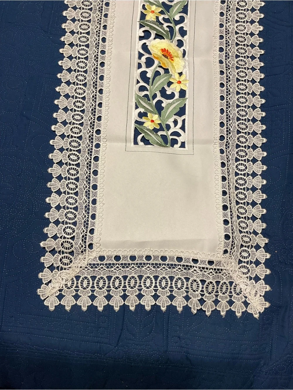 Cream Embroidered Floral Table Runner Cutout Lace - Yellow Flower Detail 50”